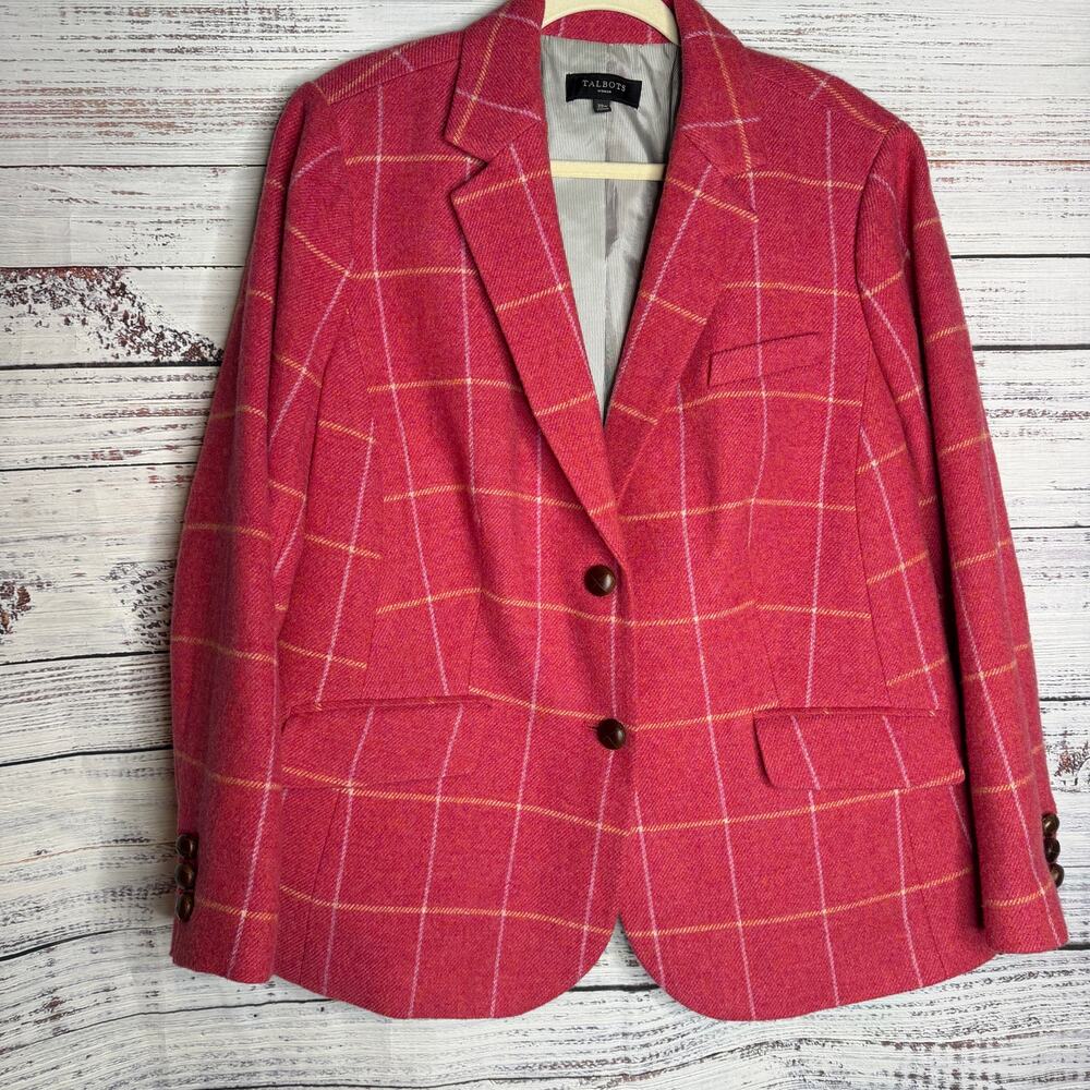 Talbots Woman 20W Pink Wool Blend Windowpane Plaid Blazer Jacket